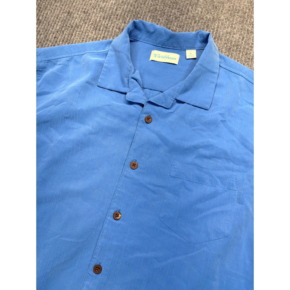 Caribbean Mens XL Blue Modal Blend Short Sleeve Camp Collar Button Down Shirt